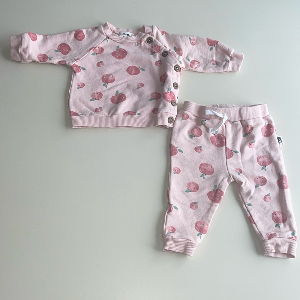 Rabbit + Bear Organic Organic Cotton 2 Piece Outfit in Pink Apple Print